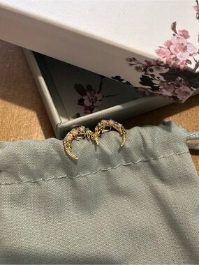 Brand New Gold Crescent Floral Moon Stud Earrings